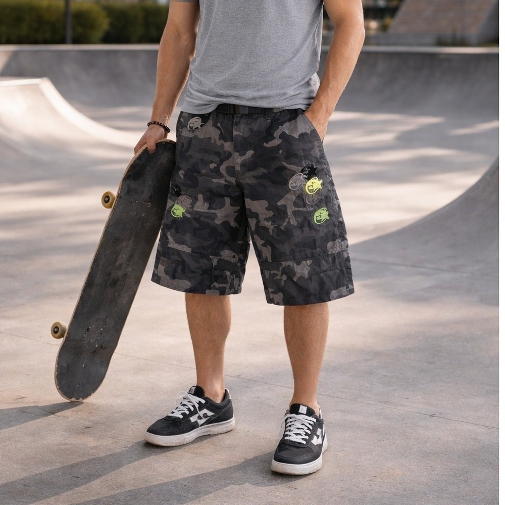 Somewhere In America Mens Camo Cargo Shorts Grey Black Star Embroidered NEW